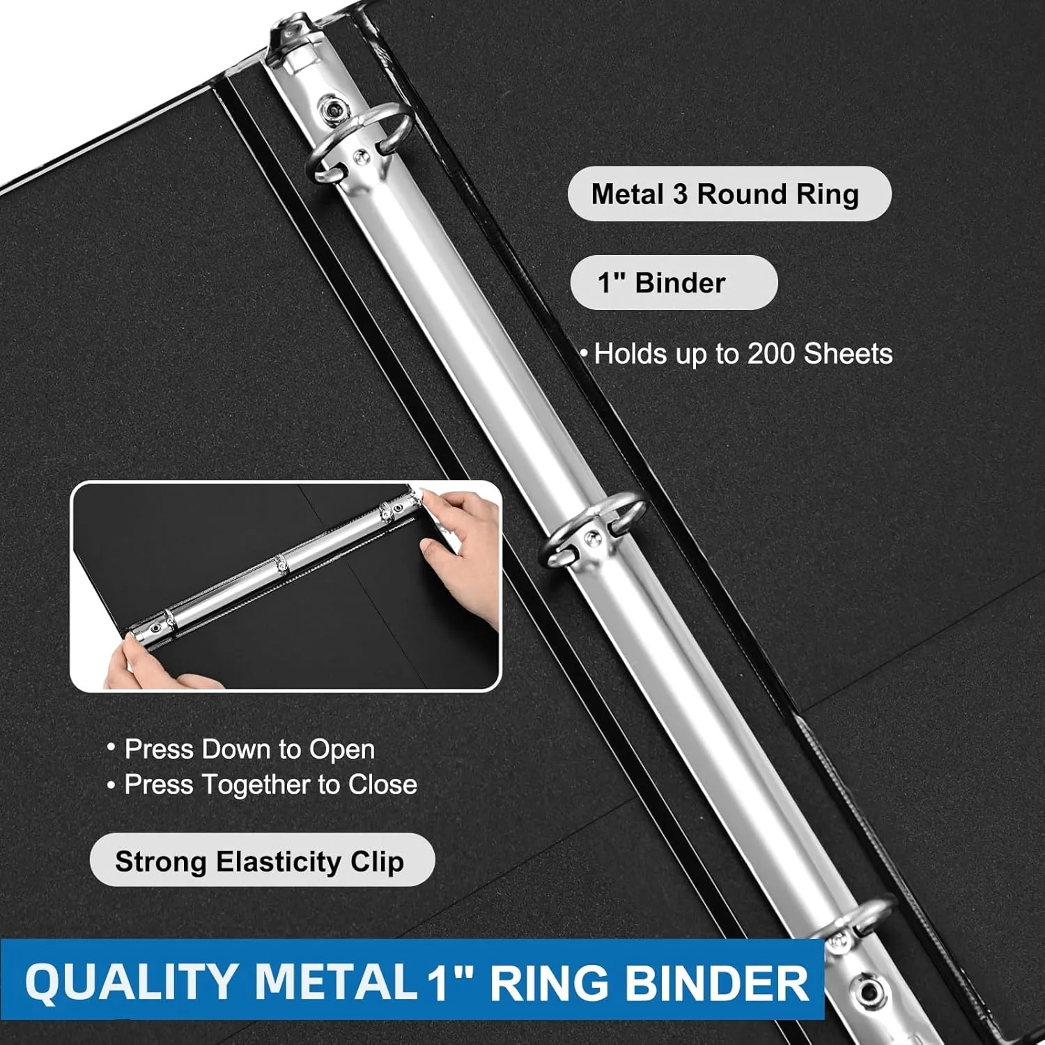 1-inch 3-Ring Binder, 1" Round Ring Binder with 2 Inside Pockets, 8 Pack Black Binders, Clear View Cover, Holds 8.5'' x 11''Paper for Office/Home/Back to School