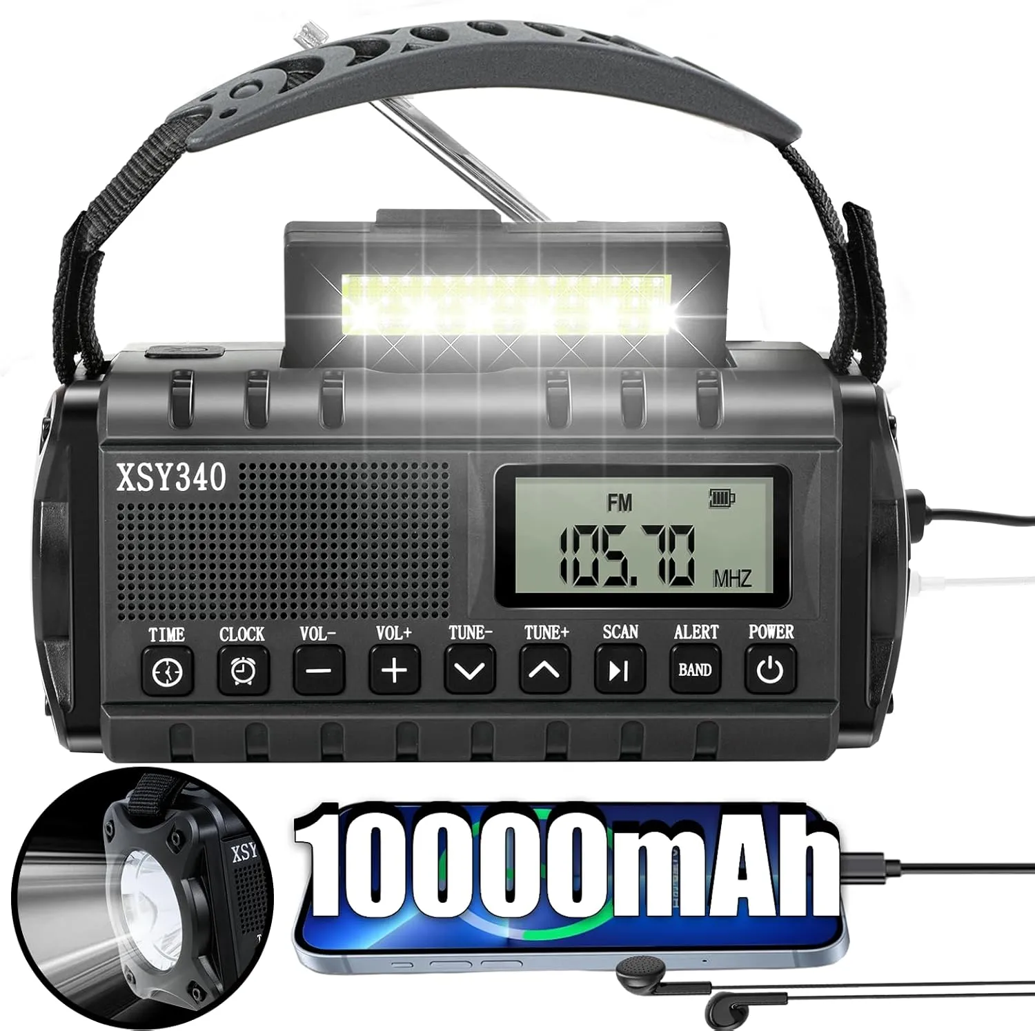 10000mAh/37000mWh Emergency Hand Crank Radio,AM FM NOAA Weather Alert Radio, Digital Display,3 Ways Powered Hand Crank,Solar with Type-C Charger,Flashlight,Reading Lamp,Headphone Jack,SOS Alarm