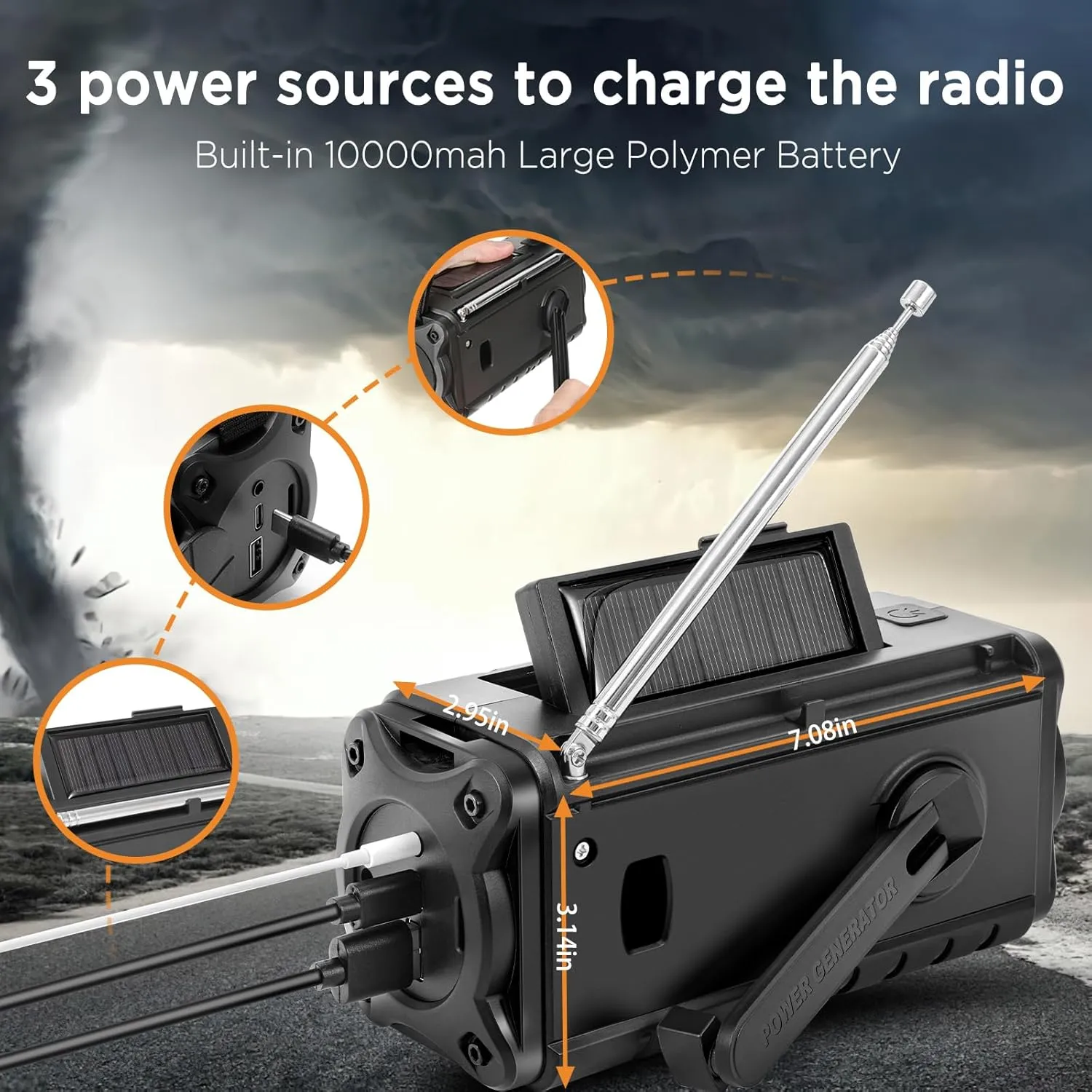 10000mAh/37000mWh Emergency Hand Crank Radio,AM FM NOAA Weather Alert Radio, Digital Display,3 Ways Powered Hand Crank,Solar with Type-C Charger,Flashlight,Reading Lamp,Headphone Jack,SOS Alarm