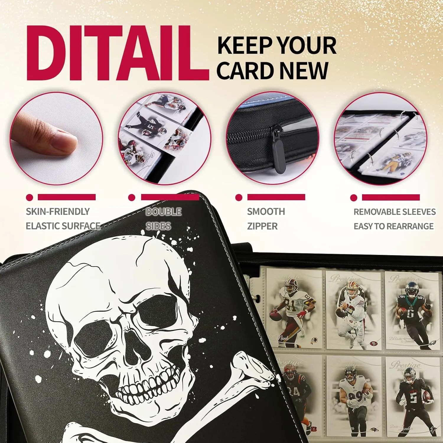1080 Pockets Card Binder 9 Pocket, Trading Card Binder with 60 Page Removable Sleeves, Zipper Card Book Album Holder[PROTECTIVE][PLEASANT TOUCH SURFACE] ​​Skull​