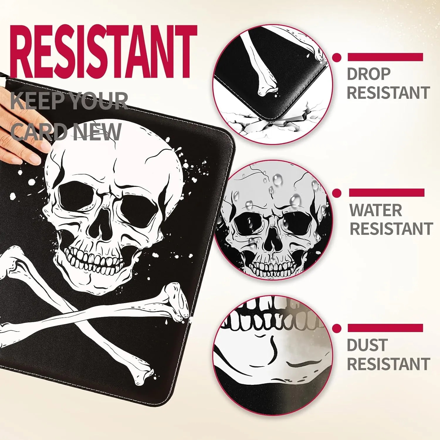 1080 Pockets Card Binder 9 Pocket, Trading Card Binder with 60 Page Removable Sleeves, Zipper Card Book Album Holder[PROTECTIVE][PLEASANT TOUCH SURFACE] ​​Skull​