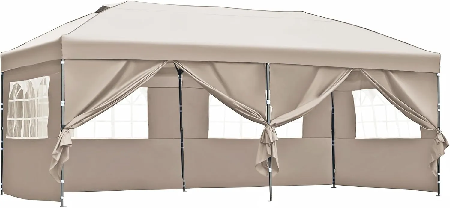 10x20 FT Pop Up Canopy with Sidewalls, Outdoor Canopy Tent Heavy Duty for Backyard, Wedding Party Tent for Parties with Wheeled Bag (Khaki)