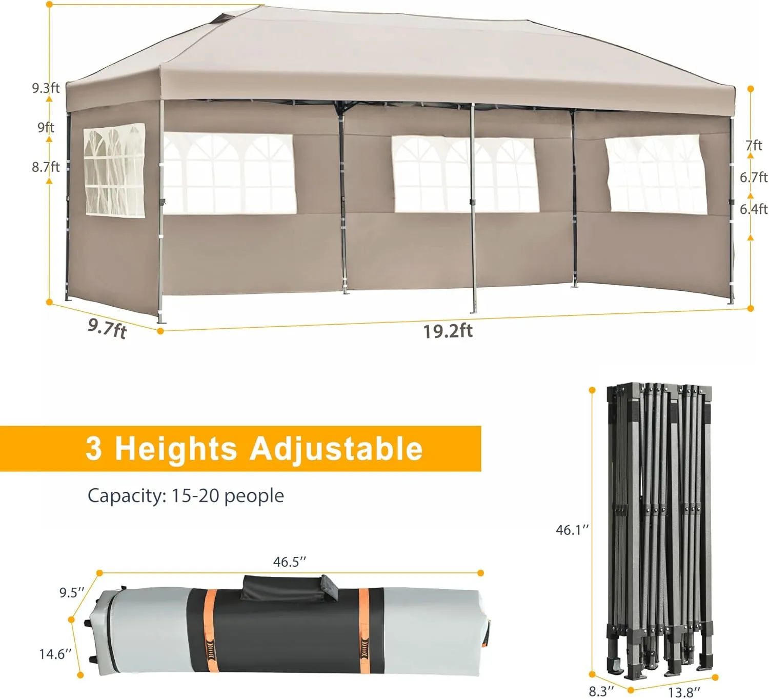 10x20 FT Pop Up Canopy with Sidewalls, Outdoor Canopy Tent Heavy Duty for Backyard, Wedding Party Tent for Parties with Wheeled Bag (Khaki)