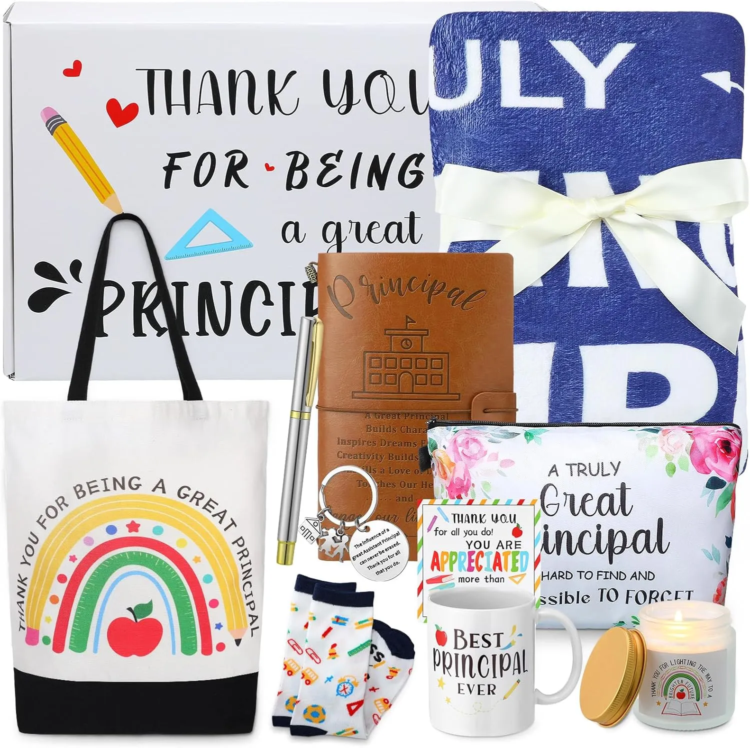 11 Pcs Principal Gift Set Include Blanket Makeup Bag Coffee Mug Notebook Keychain Pen Tote Bag Sock Greeting Card Scented Candle Gift Box for Principal Retirement Christmas Graduation