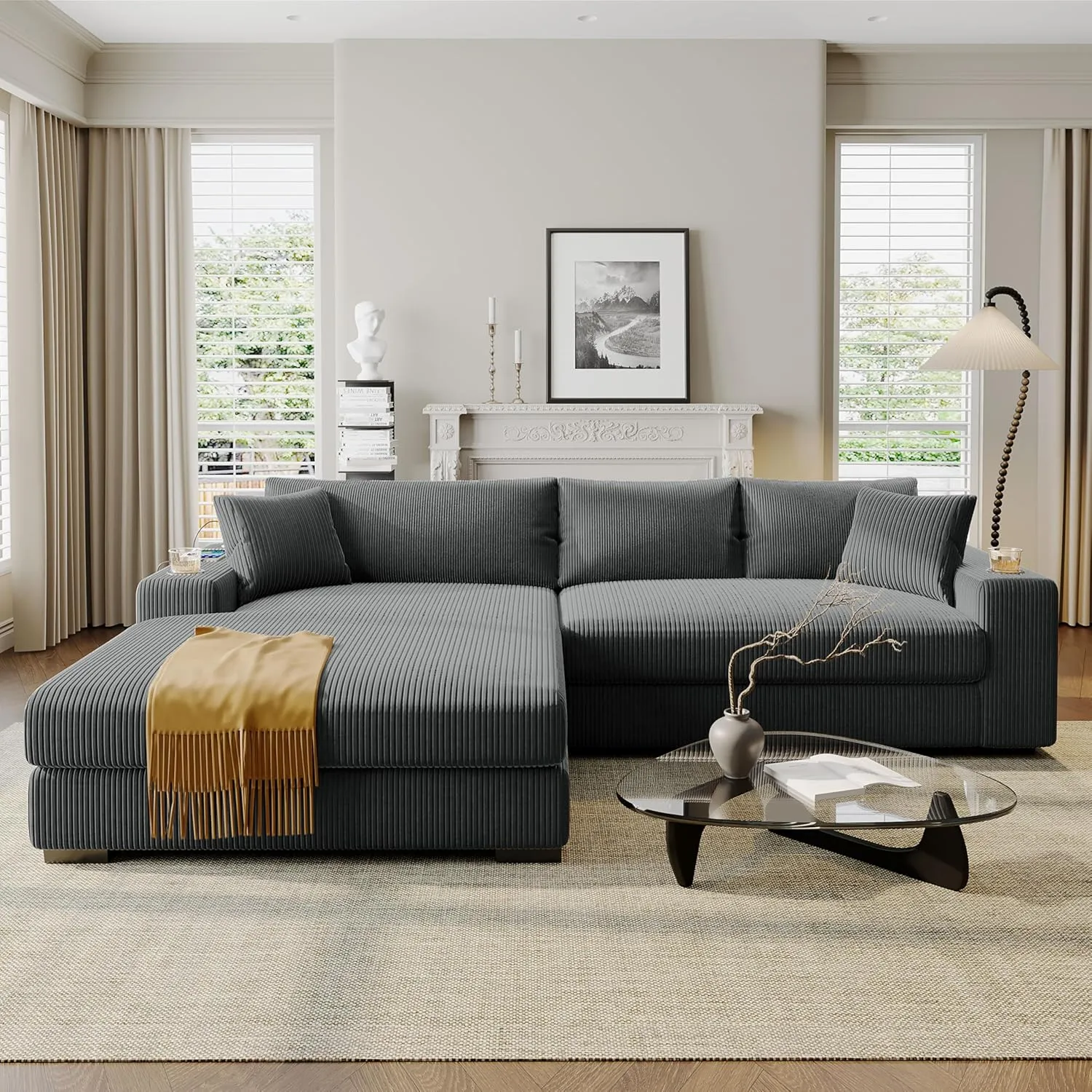 111.5-Inch Oversized L-Shaped Corner Sofa Comfy Corduroy Upholstered Modular Convertible Sectional Sofa Couch with 2 Cupholders, Toss Pillows and USB-C Charging Ports for Home Apartment Living Room
