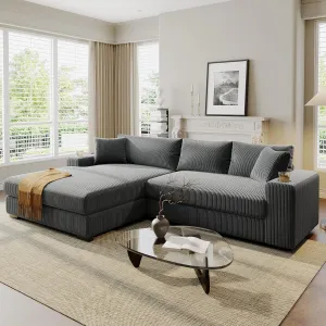 111.5-Inch Oversized L-Shaped Corner Sofa Comfy Corduroy Upholstered Modular Convertible Sectional Sofa Couch with 2 Cupholders, Toss Pillows and USB-C Charging Ports for Home Apartment Living Room