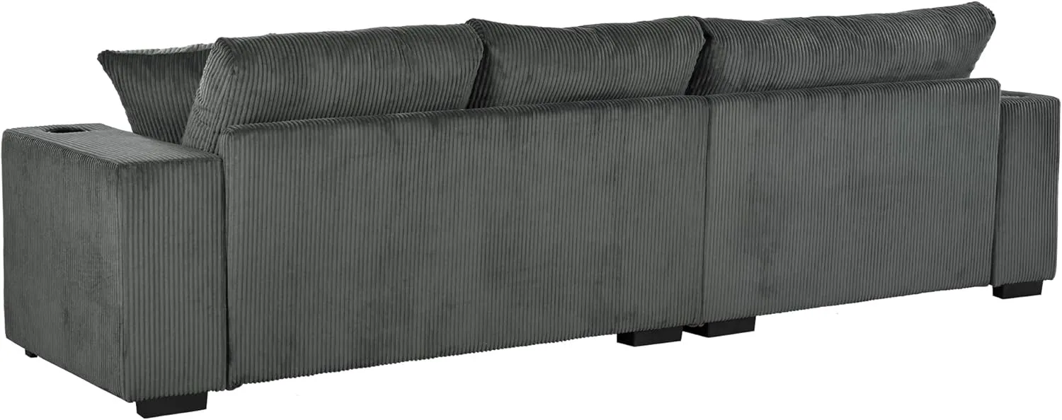 111.5-Inch Oversized L-Shaped Corner Sofa Comfy Corduroy Upholstered Modular Convertible Sectional Sofa Couch with 2 Cupholders, Toss Pillows and USB-C Charging Ports for Home Apartment Living Room