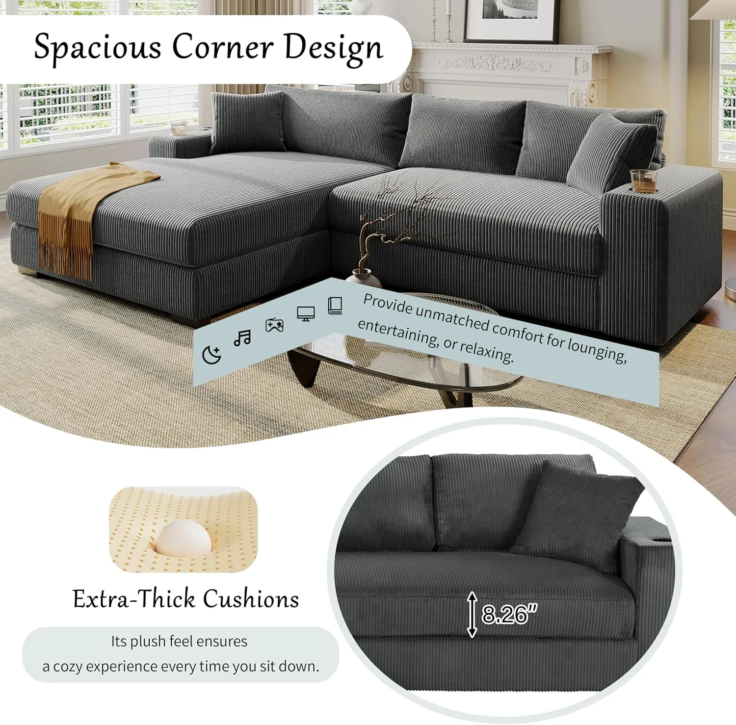 111.5-Inch Oversized L-Shaped Corner Sofa Comfy Corduroy Upholstered Modular Convertible Sectional Sofa Couch with 2 Cupholders, Toss Pillows and USB-C Charging Ports for Home Apartment Living Room