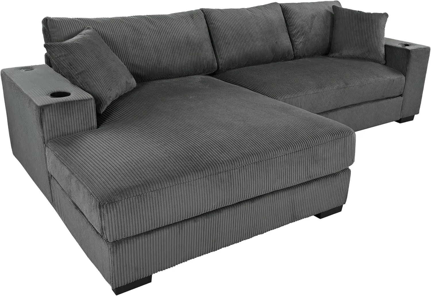 111.5-Inch Oversized L-Shaped Corner Sofa Comfy Corduroy Upholstered Modular Convertible Sectional Sofa Couch with 2 Cupholders, Toss Pillows and USB-C Charging Ports for Home Apartment Living Room
