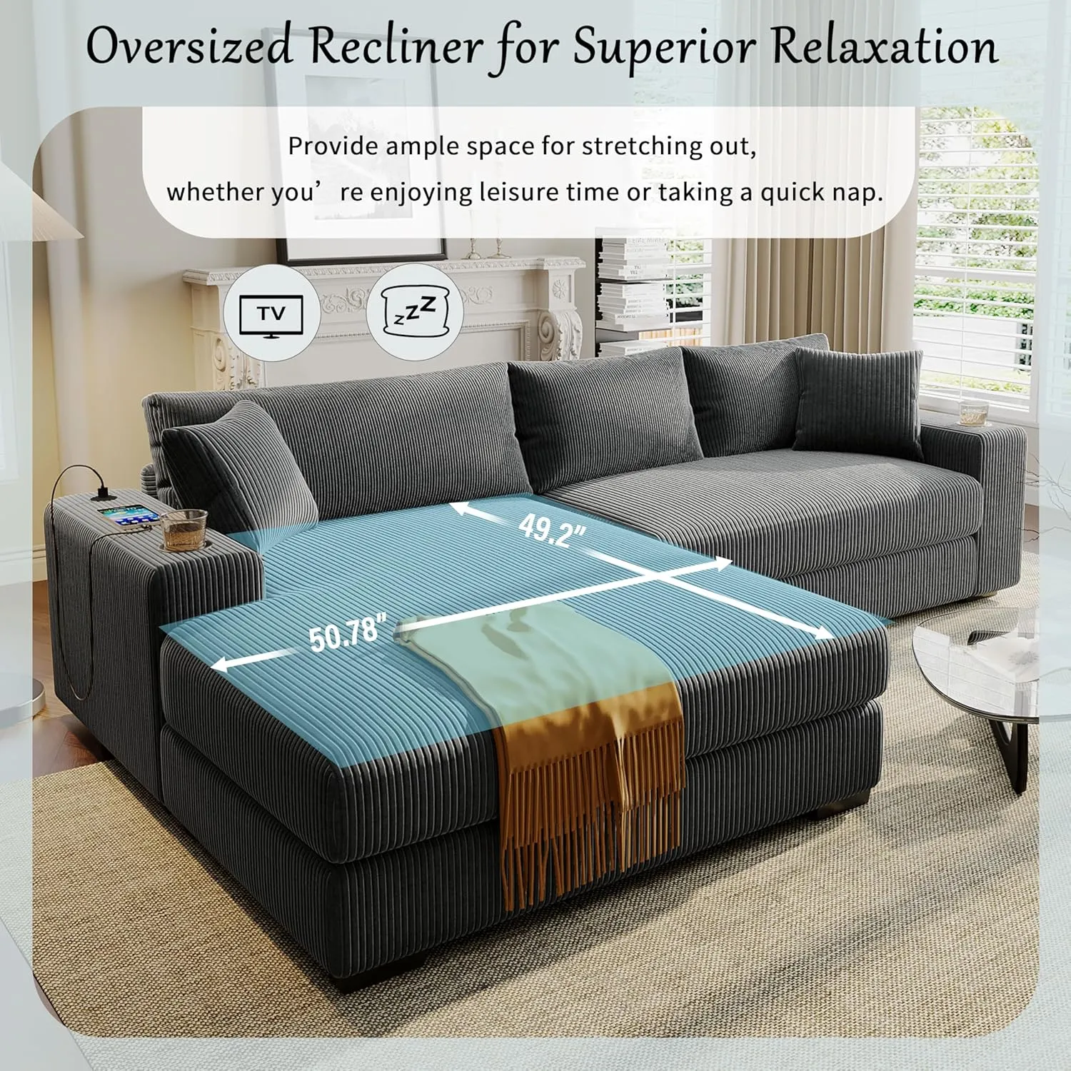 111.5-Inch Oversized L-Shaped Corner Sofa Comfy Corduroy Upholstered Modular Convertible Sectional Sofa Couch with 2 Cupholders, Toss Pillows and USB-C Charging Ports for Home Apartment Living Room