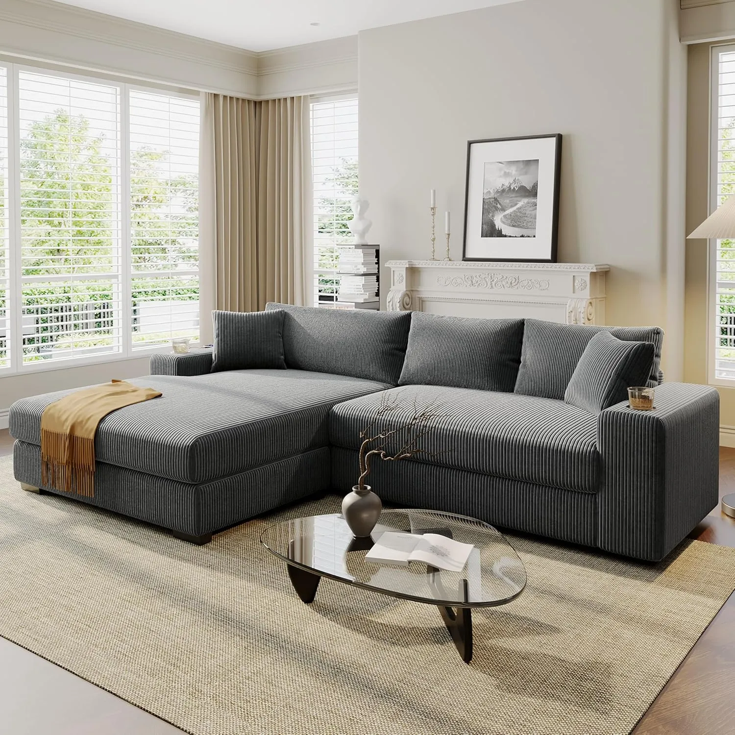 111.5-Inch Oversized L-Shaped Corner Sofa Comfy Corduroy Upholstered Modular Convertible Sectional Sofa Couch with 2 Cupholders, Toss Pillows and USB-C Charging Ports for Home Apartment Living Room