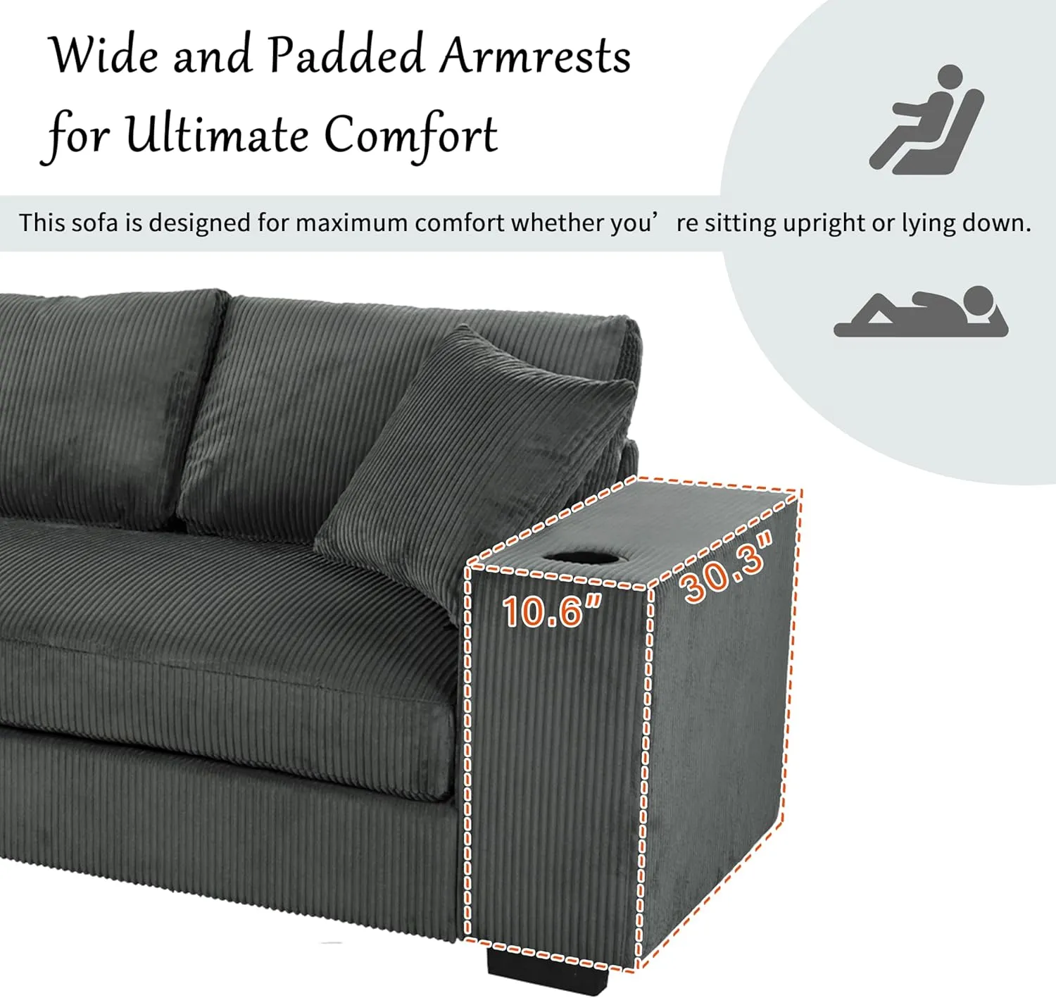 111.5-Inch Oversized L-Shaped Corner Sofa Comfy Corduroy Upholstered Modular Convertible Sectional Sofa Couch with 2 Cupholders, Toss Pillows and USB-C Charging Ports for Home Apartment Living Room