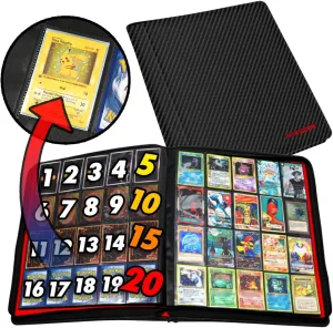 1280  Cards 20 Pocket Card Binder Collector Card Album - Pages Compatible with Pokemon Cards, Sports Cards, Yugioh, MTG and Other TCG - Trading Card Sleeve with Side Loading Pockets (Carbon Fiber/Red)