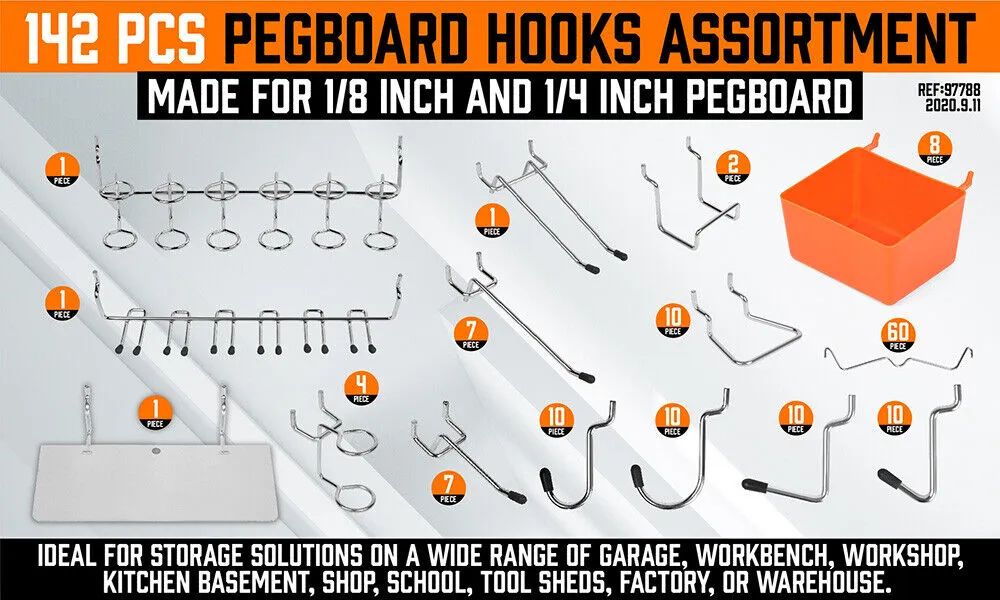 142Pc Pegboard Hooks and Organizer Set - Versatile Storage for Home and Workshop