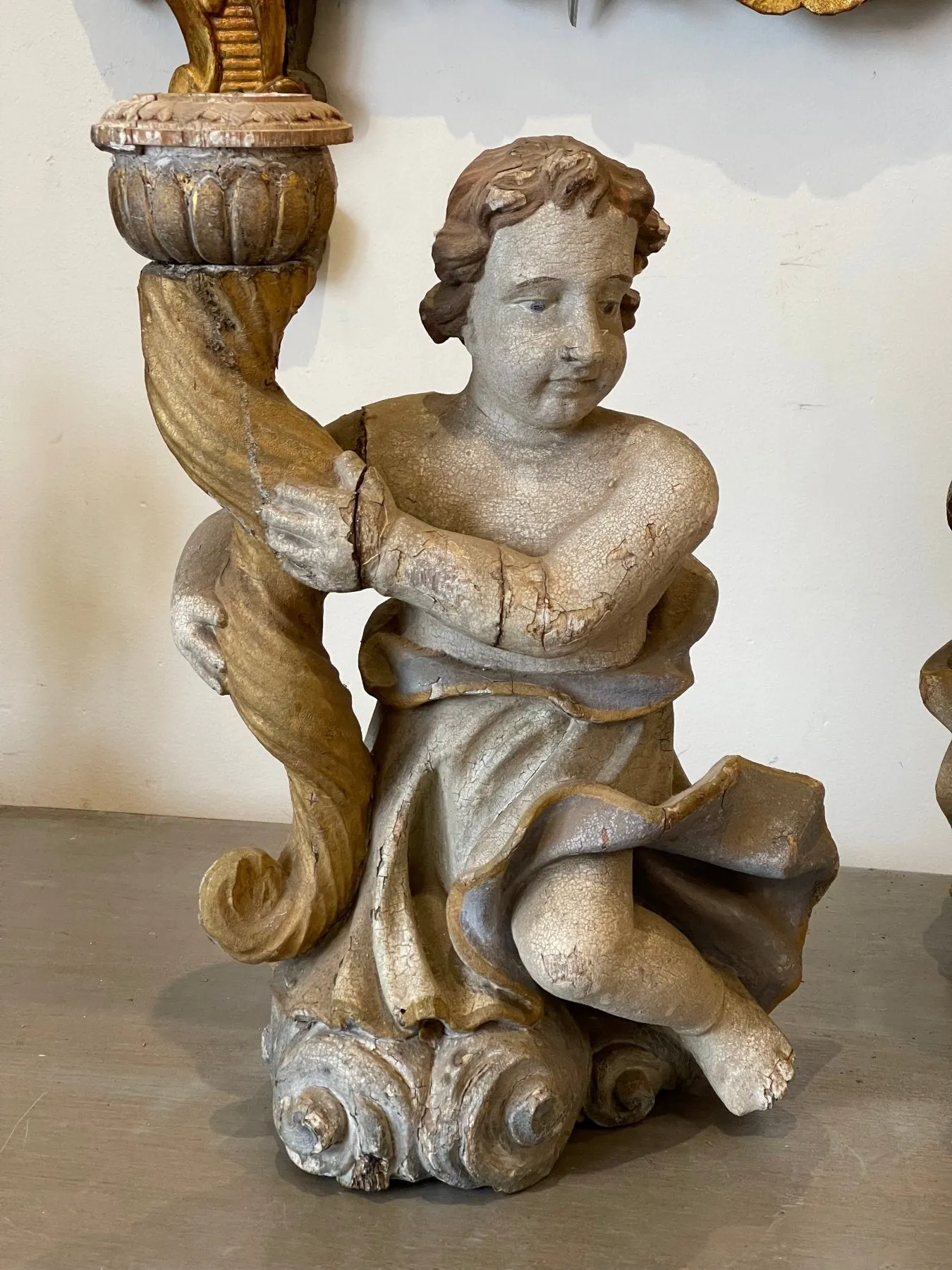 18th Century Continental Carved & Polychrome Cherub Candle Holders