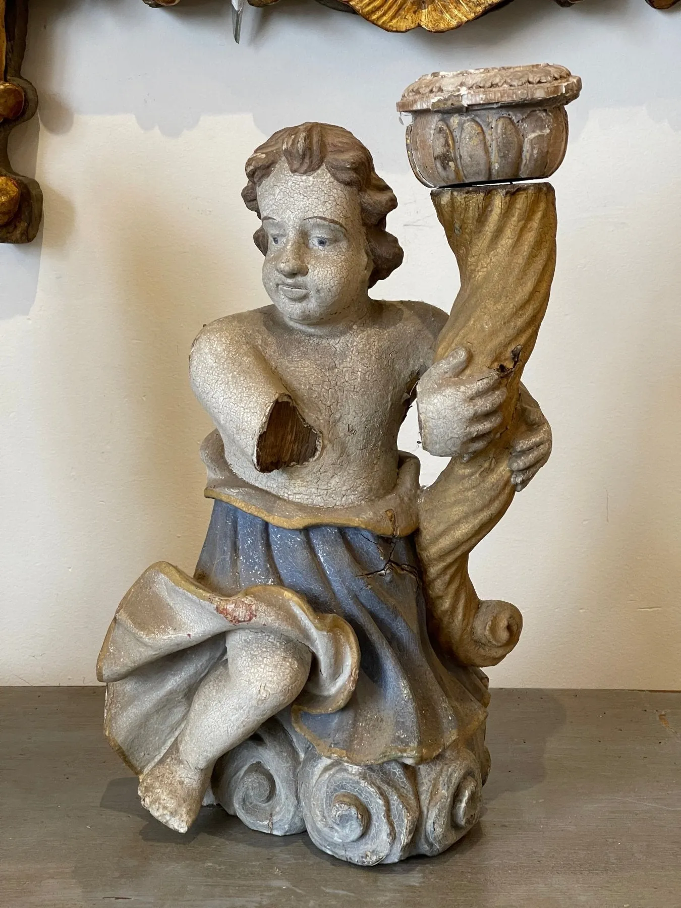 18th Century Continental Carved & Polychrome Cherub Candle Holders