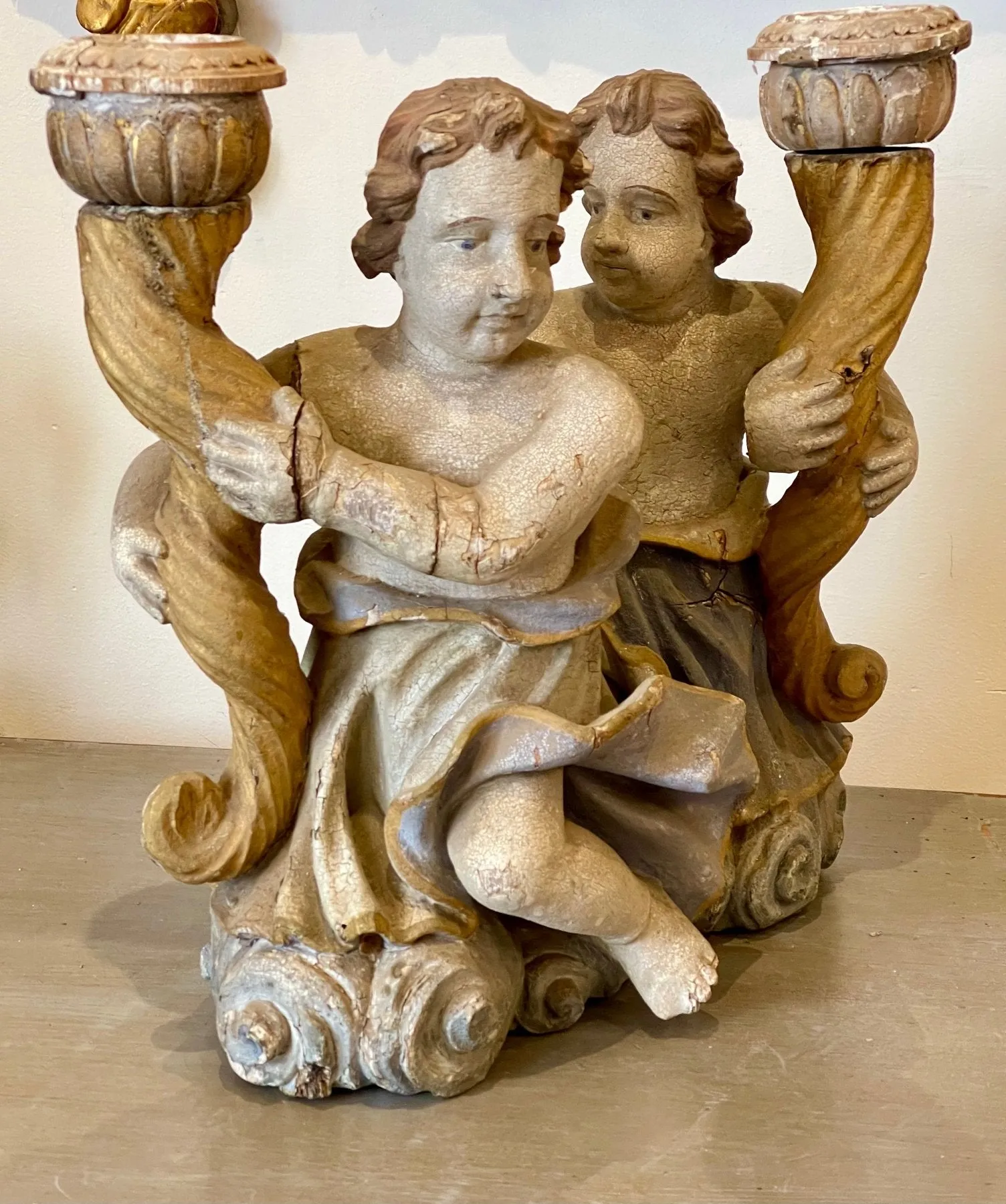18th Century Continental Carved & Polychrome Cherub Candle Holders