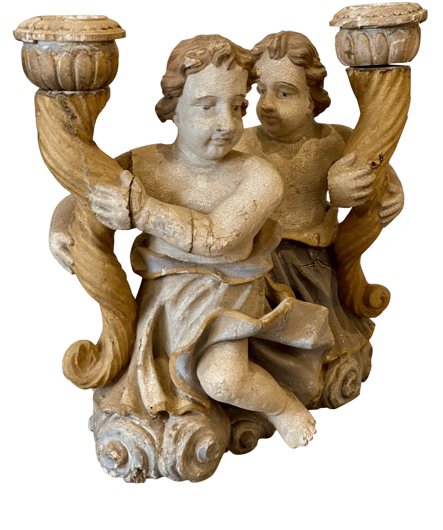 18th Century Continental Carved & Polychrome Cherub Candle Holders