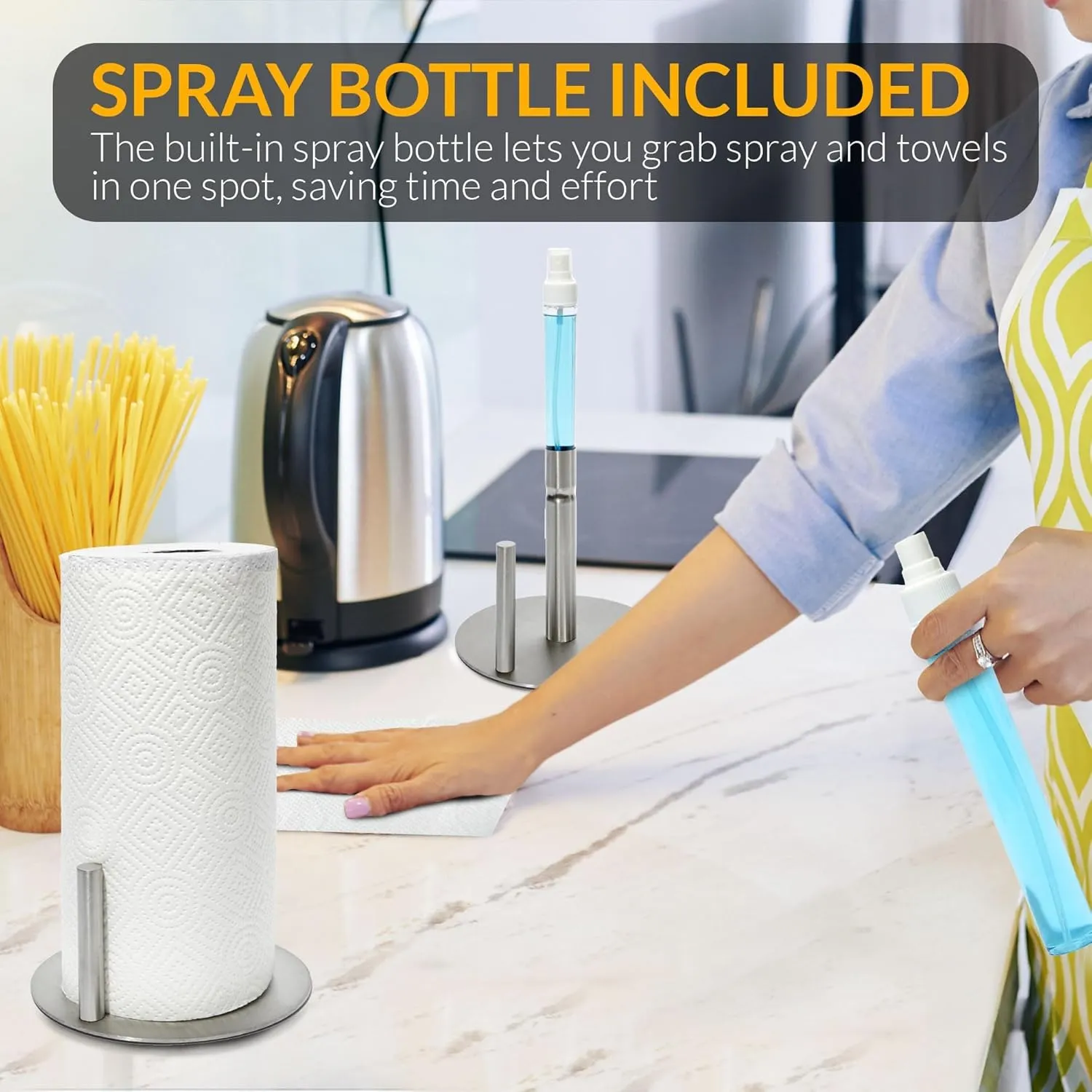 2-in-1 Stainless Steel Paper Towel Holder with Spray Bottle | Silver | J.M.T HomeGoods