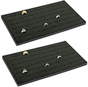 2 pack of 72 Slot Black Ring Display Inserts for standard Jewelry tray size 14 1/4" x 7 3/4" x 1/2" Inch for Retail Showcase, Counter top display. Micro Fiber polishing cloth included.