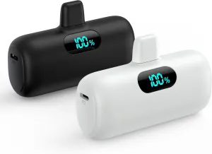 [2 Pack]Mini Portable Charger 5000mAh,Ultra-Compact 15W PD Fast Charging Power Bank,LCD Display Cute Battery Pack Backup Charger Compatible with iPhone 14/14 Pro Max/13/13 Pro/12/XR/8/7/6-Black White