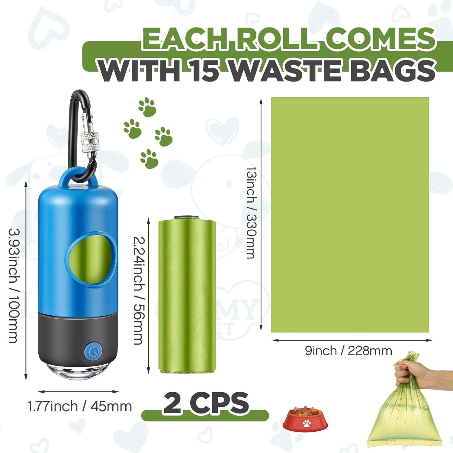 2 Rolls Rechargeable Dog Poop Bag Dispenser with USB Built-in LED Flashlight Dog Waste Bag Holders with Clips Pet Waste Sack Holders for Pet Walking Accessories, 15 Sacks for Each(Blue)