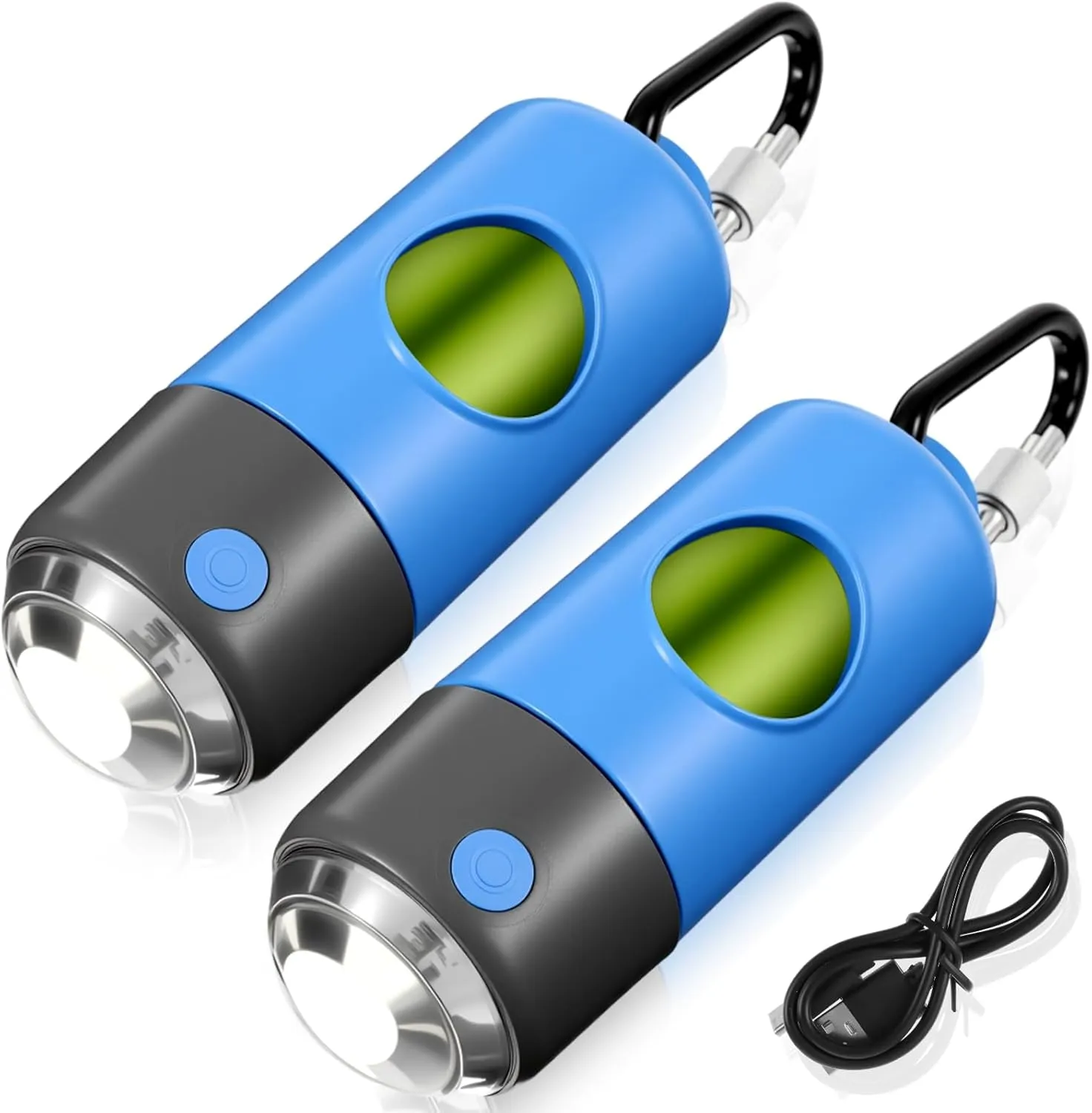2 Rolls Rechargeable Dog Poop Bag Dispenser with USB Built-in LED Flashlight Dog Waste Bag Holders with Clips Pet Waste Sack Holders for Pet Walking Accessories, 15 Sacks for Each(Blue)