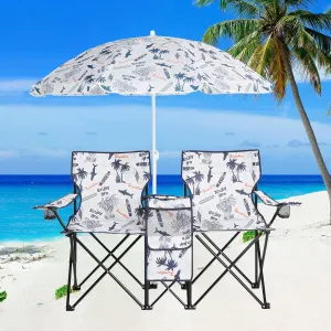 2-Seat Camping Chairs for Adults,Folding Loveseat Picnic Chair w/Removable Umbrella,Cup Holders,Cooler Bag,Pocket & Carry Bag,Portable Compact Chair for Camp,Beach,Hiking,Coconut Tree Pattern