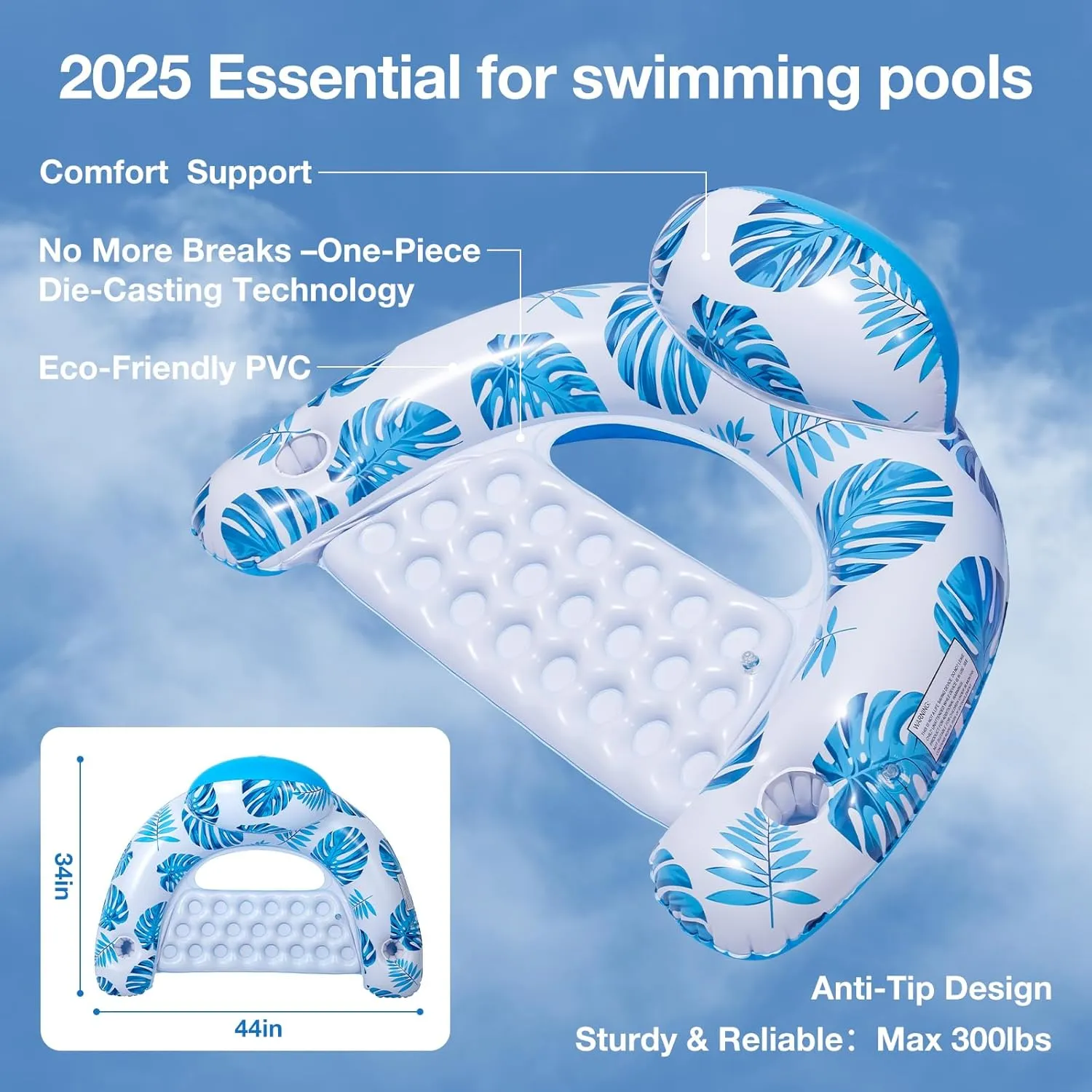 [2025 New Upgraded] Pool Floats for Adult -Floating Lounge Chairs,Inflatable Pool Floats with Cup Holders 2 Repair Patch Suit for Swimming Pools, Beach, Pool Toys,Backyard Party,Lakes