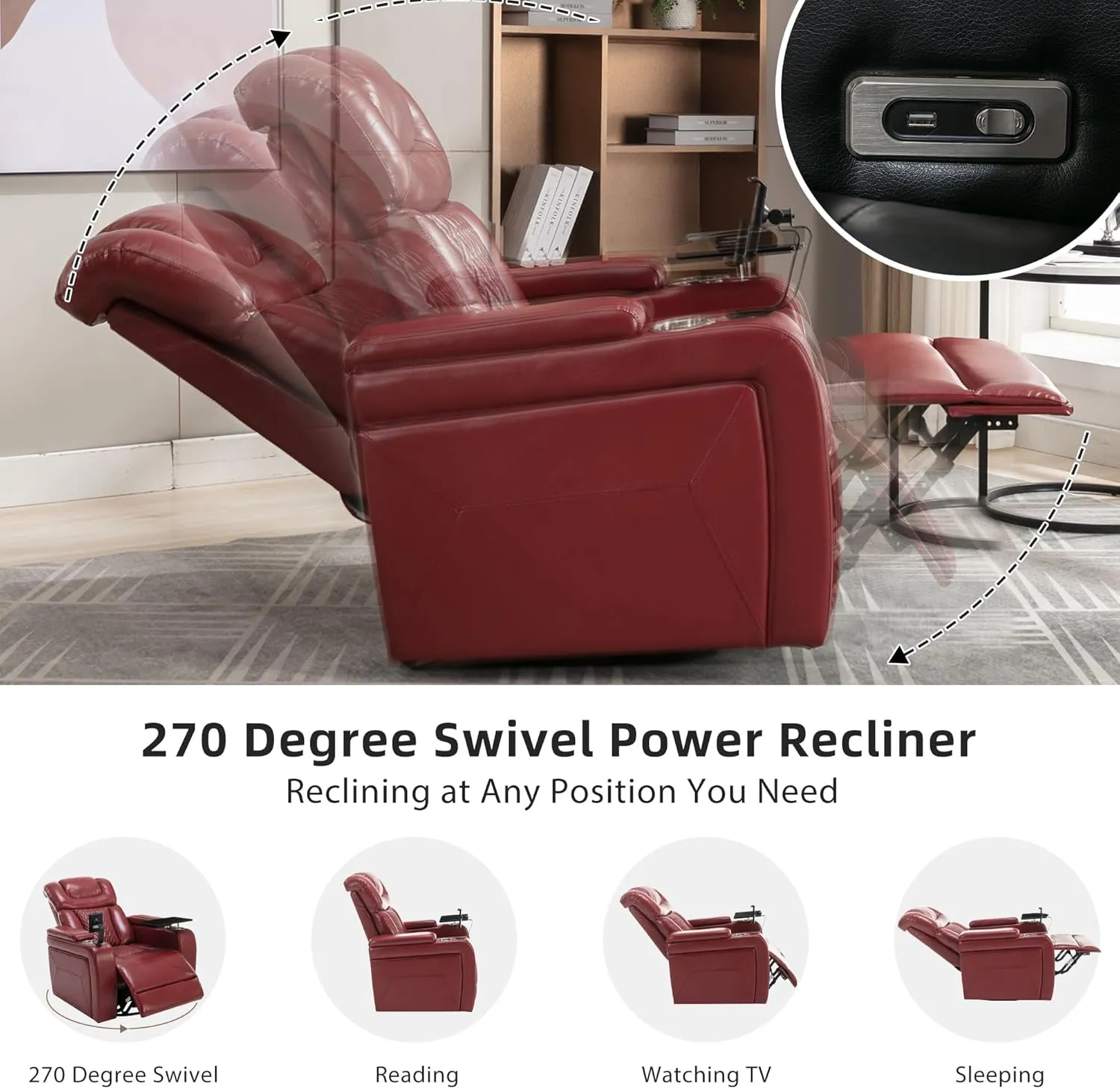 270 Degree Swivel PU Leather Power Recliner Individual Seat Home Theater Recliner with Comforable Backrest, Tray Table, Phone Holder, Cup Holder, USB Port, Hidden Arm Storage for Living Room, Red