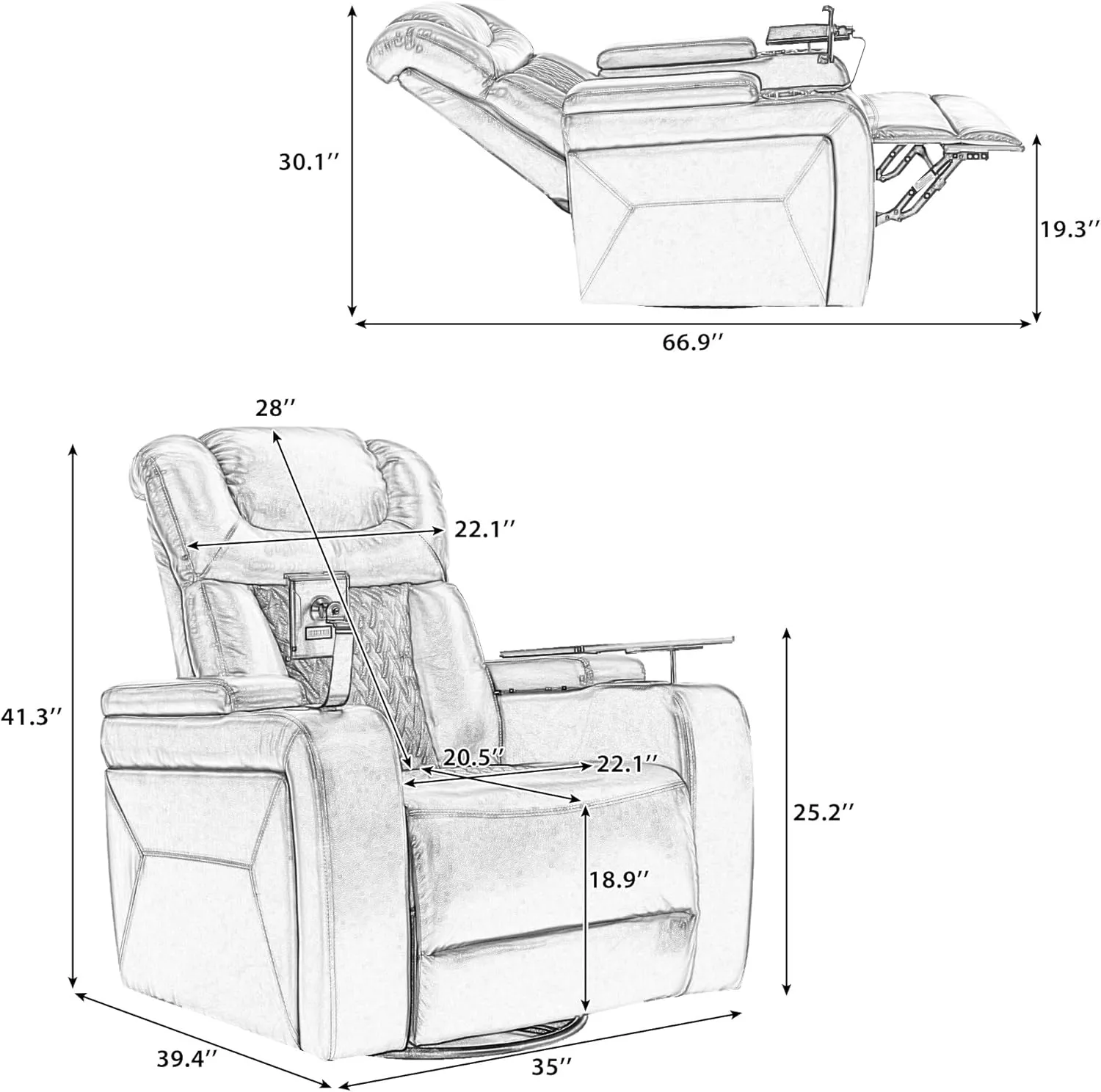 270 Degree Swivel PU Leather Power Recliner Individual Seat Home Theater Recliner with Comforable Backrest, Tray Table, Phone Holder, Cup Holder, USB Port, Hidden Arm Storage for Living Room, White