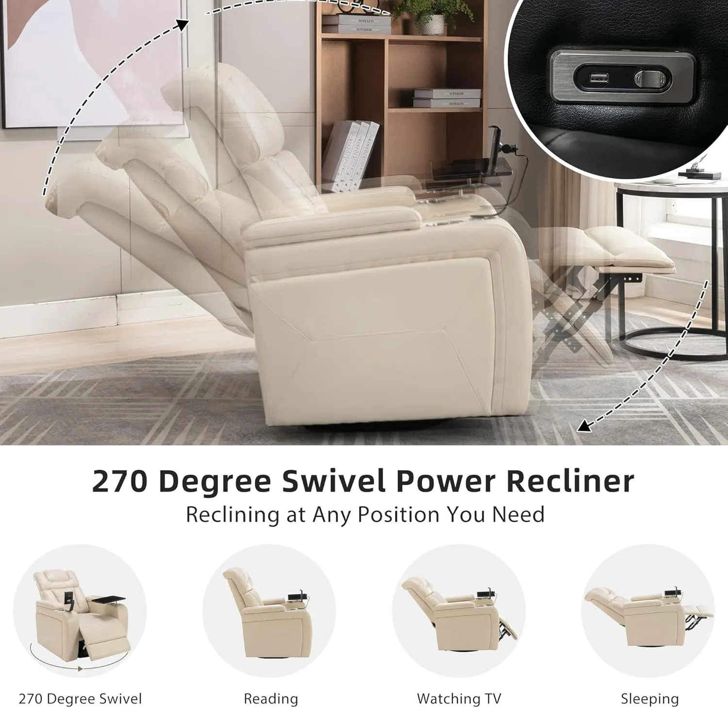 270 Degree Swivel PU Leather Power Recliner Individual Seat Home Theater Recliner with Comforable Backrest, Tray Table, Phone Holder, Cup Holder, USB Port, Hidden Arm Storage for Living Room, White