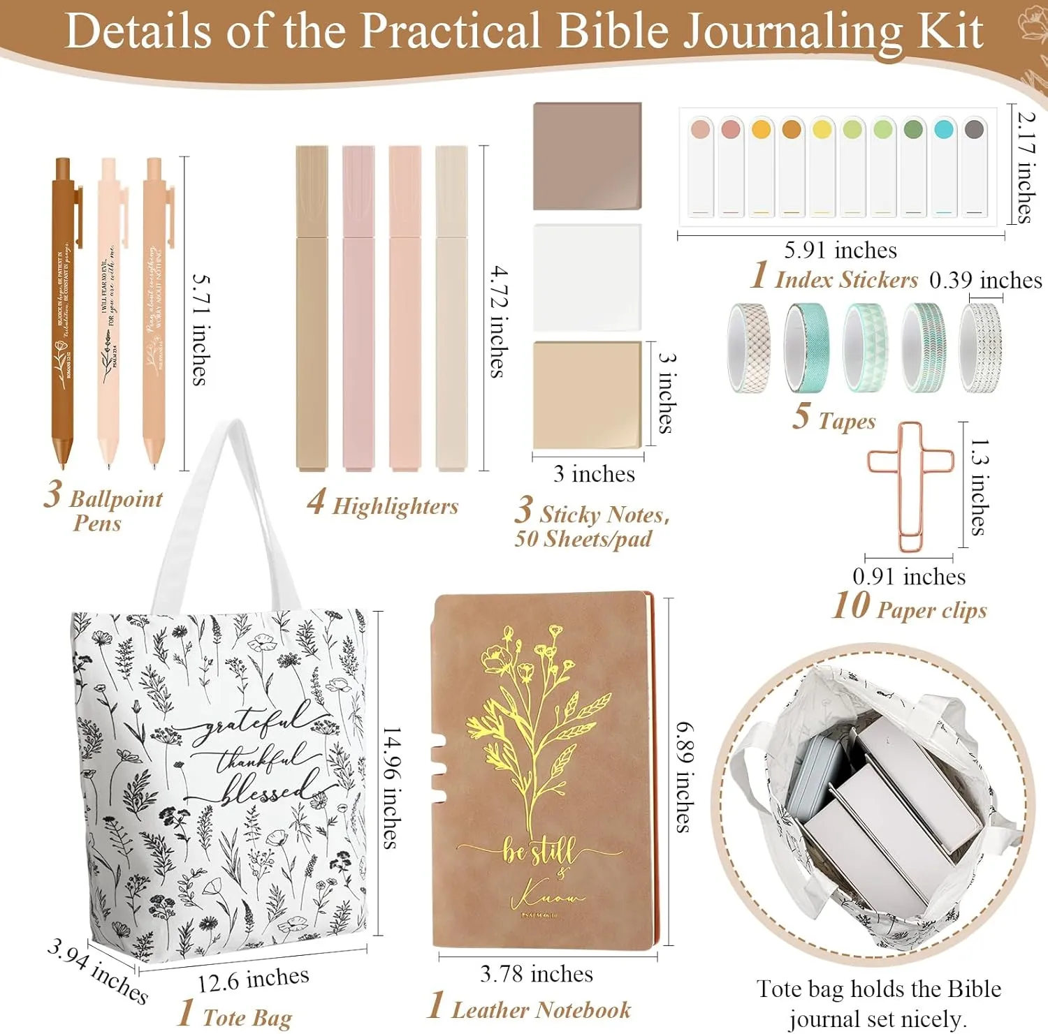 29 Pcs Christian Gift Bible Journaling Kit Glass Cup Canvas Bag Leather Notebook Highlighters and Pens Sticky Notes Tapes Paper Clips Bible Study Supplies for Women Sunday School(Yellow)