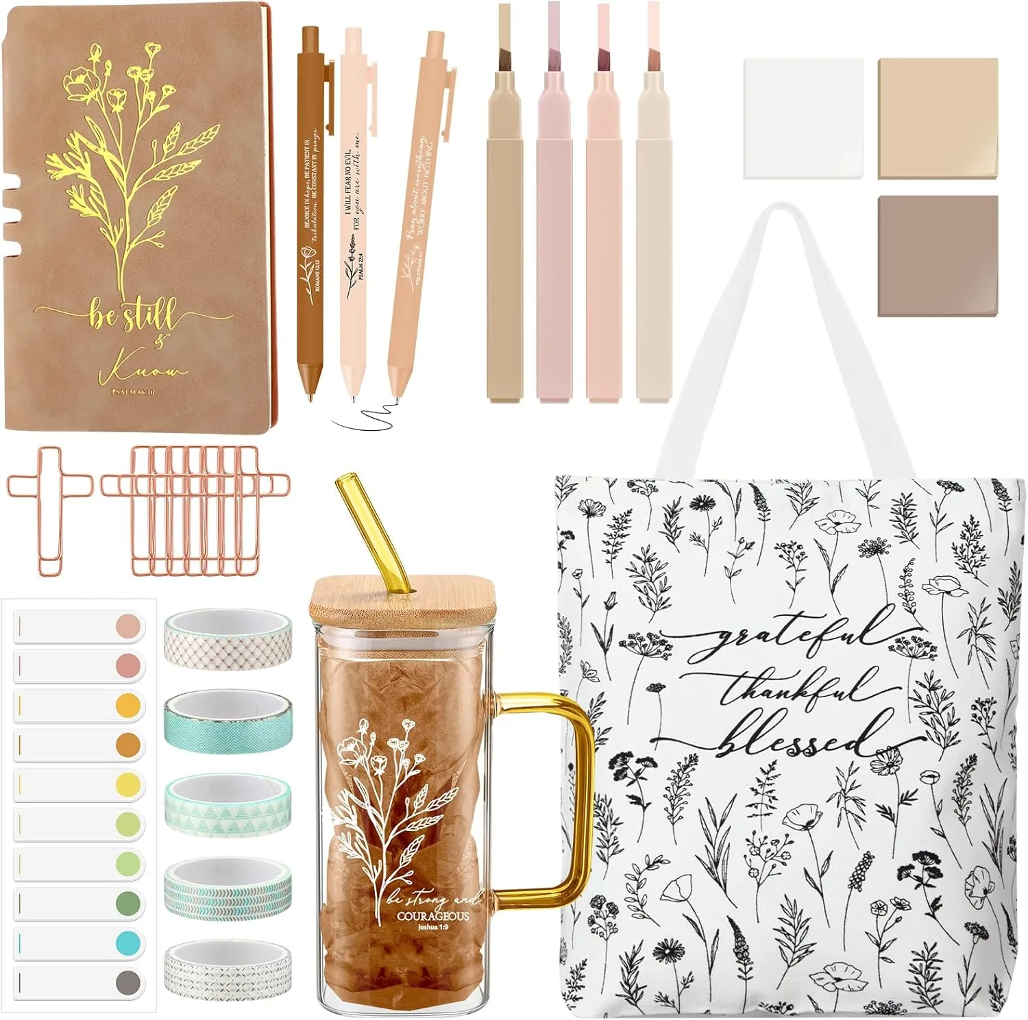 29 Pcs Christian Gift Bible Journaling Kit Glass Cup Canvas Bag Leather Notebook Highlighters and Pens Sticky Notes Tapes Paper Clips Bible Study Supplies for Women Sunday School(Yellow)