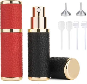 2Pcs Perfume Atomizer Bottle (5ML),Mini Refillable Empty Cologne Spray Bottle With Luxury Leather Case,for Travel Out Side Work Women and Men (Black Red)