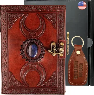 3 Moon Blue Lapis Embossed Vintage Leather Journal for Men Women to Write in, Grimoire Wiccan Pagan Witchcraft Book of Shadows Sketchbook Daily Diary Writing Notebook Thick Unlined Pages
