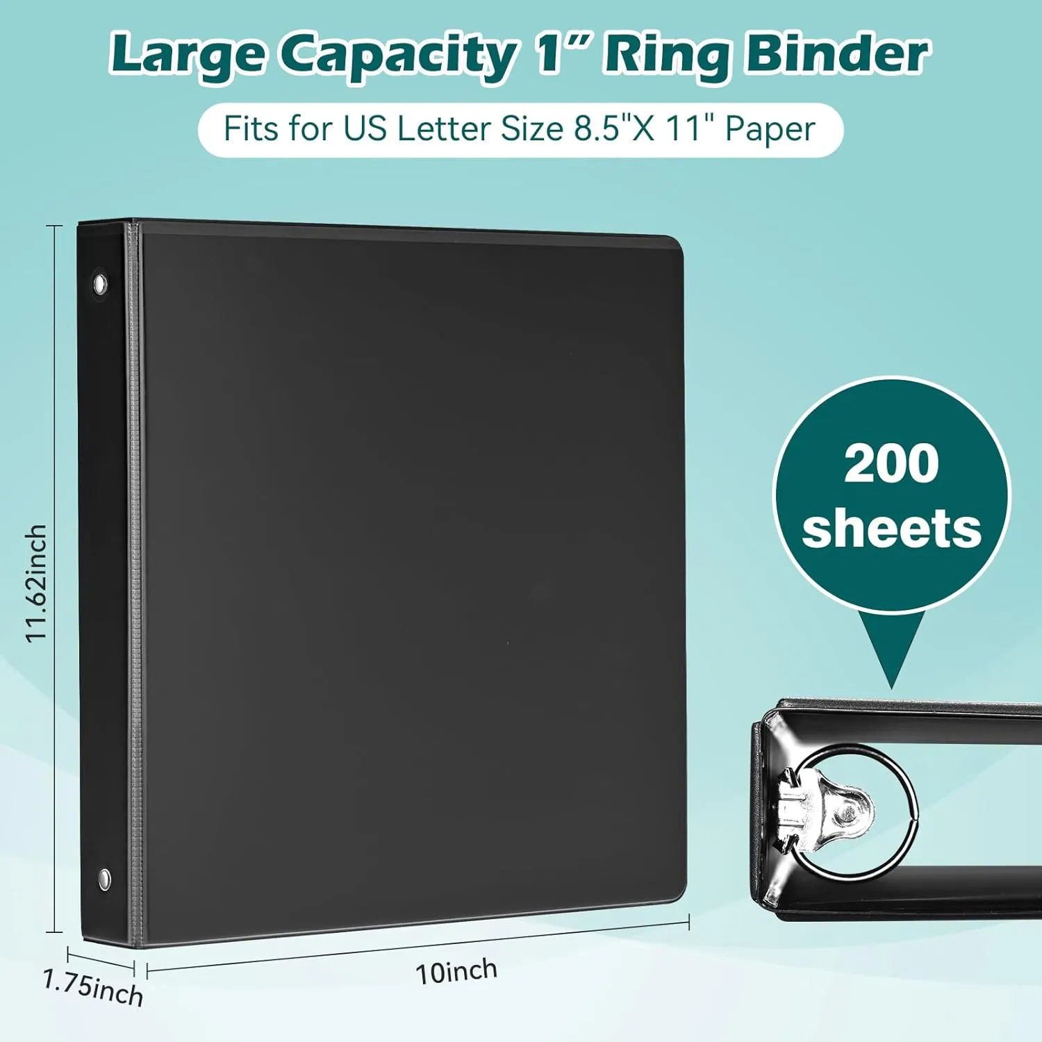 3 Ring Binder 1 Inch 12 Pack,1" Clear View Round-Ring-Binder, PVC-Free,Holds for 200 Sheets 8.5X 11 US Letter Size Paper, Durable Black Binders Perfect for Office,School and Home