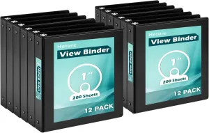 3 Ring Binder 1 Inch 12 Pack,1" Clear View Round-Ring-Binder, PVC-Free,Holds for 200 Sheets 8.5X 11 US Letter Size Paper, Durable Black Binders Perfect for Office,School and Home