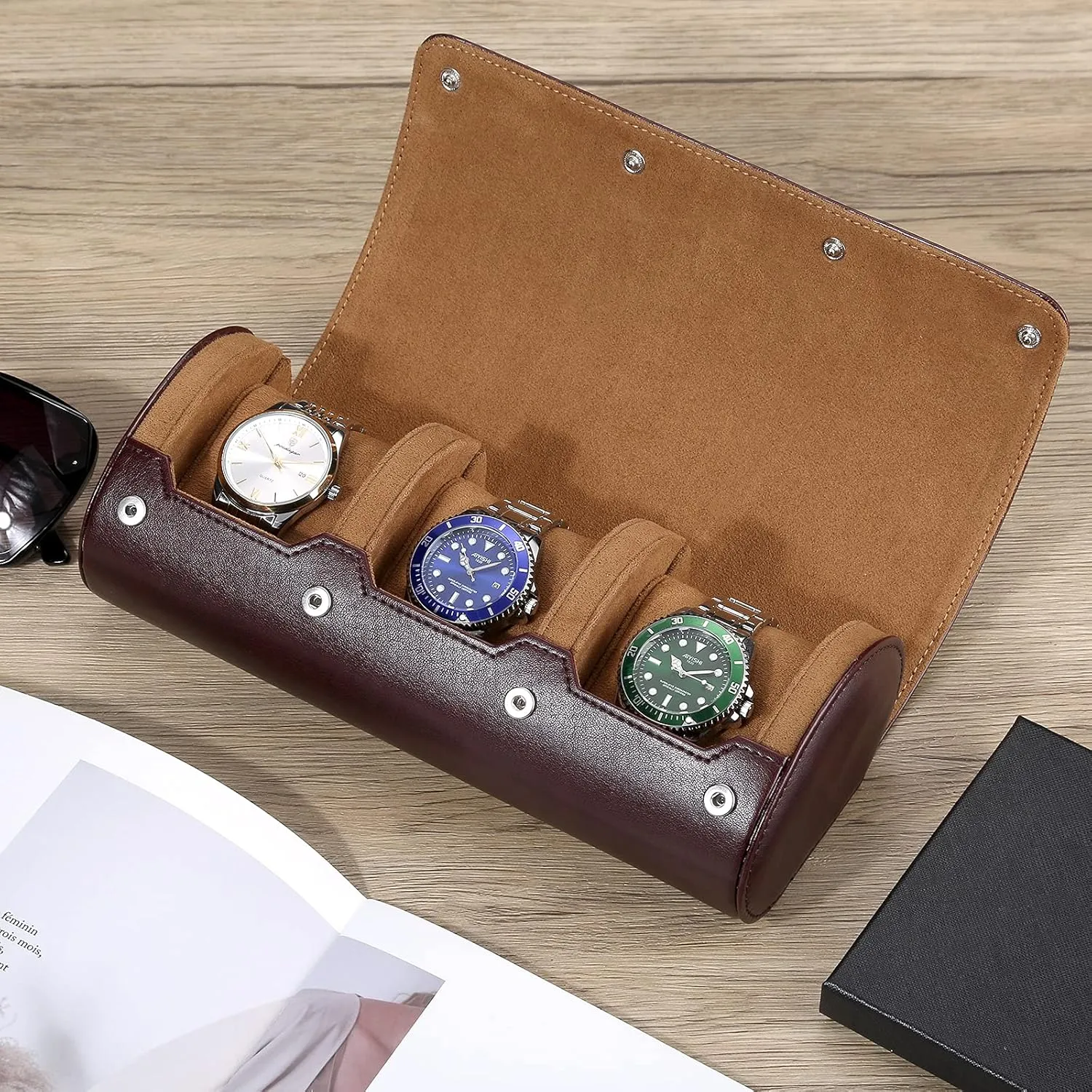 3 Watch Travel Case for Men and Women, Luxury Leather Portable Watch Box Organizer for Home Storage, Protect,Travel and Display