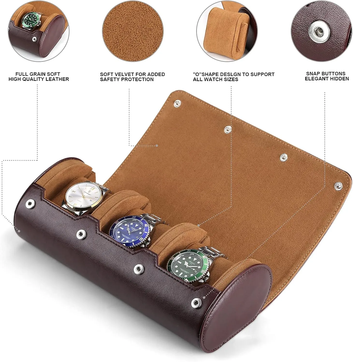3 Watch Travel Case for Men and Women, Luxury Leather Portable Watch Box Organizer for Home Storage, Protect,Travel and Display