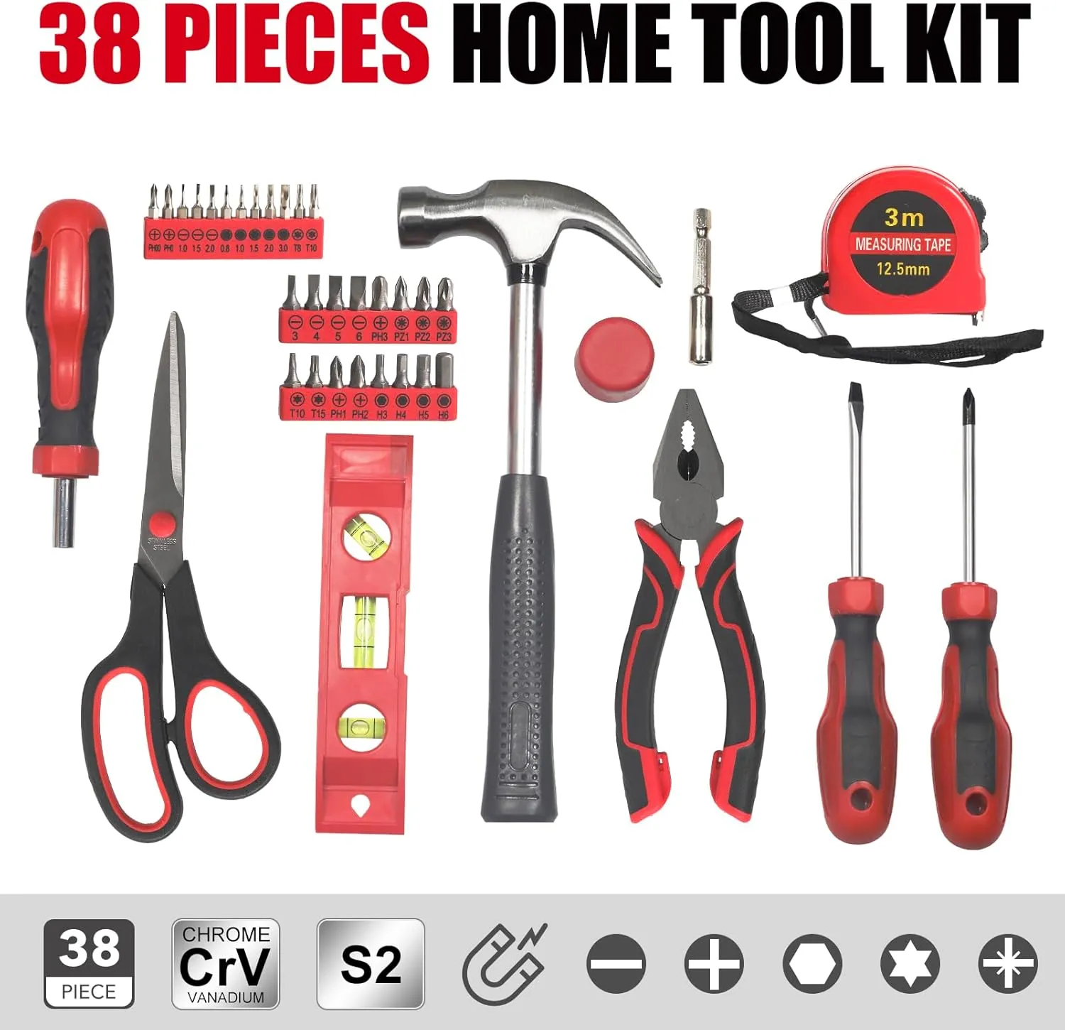 38 Pieces Tool Set with Portable Storage Boxes, Basic Home Red Tool Kit for Daily Repairing and Maintenance, Home DIY Tool Kit Set for Office & Garage