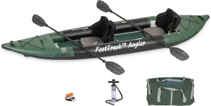 385FTA Fasttrack Angler 1–2-Person Inflatable Hunter Green Fishing Kayak-External Rigid Inflatable Keel, Rugged Hull Material, Non-Slip Padded Floor, Stitch Floor w/Seat(s), Paddle(s), Pump & Bag