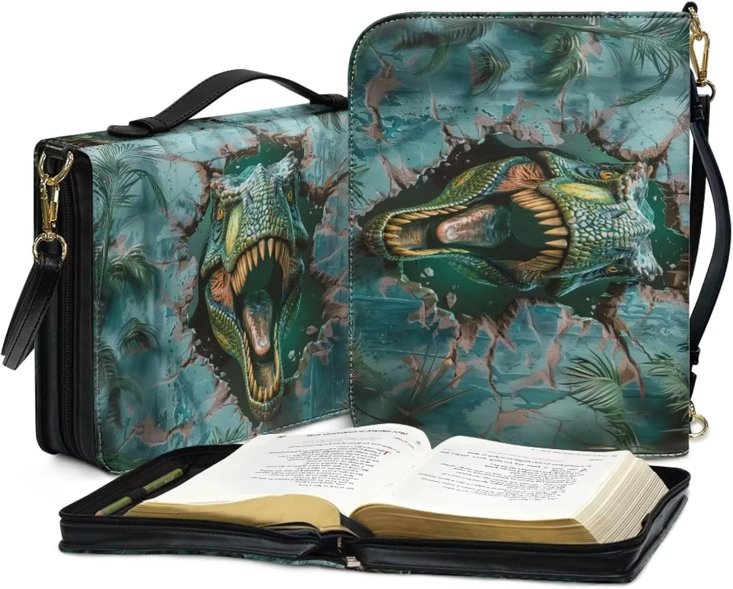 3D Dinosaur Printed Bible Carrying Case for Women, Sturdy Bible Tote Bag with Handle, Lightweight Bible Book Cover with Shoulder Strap, Christian Gifts, Green, M
