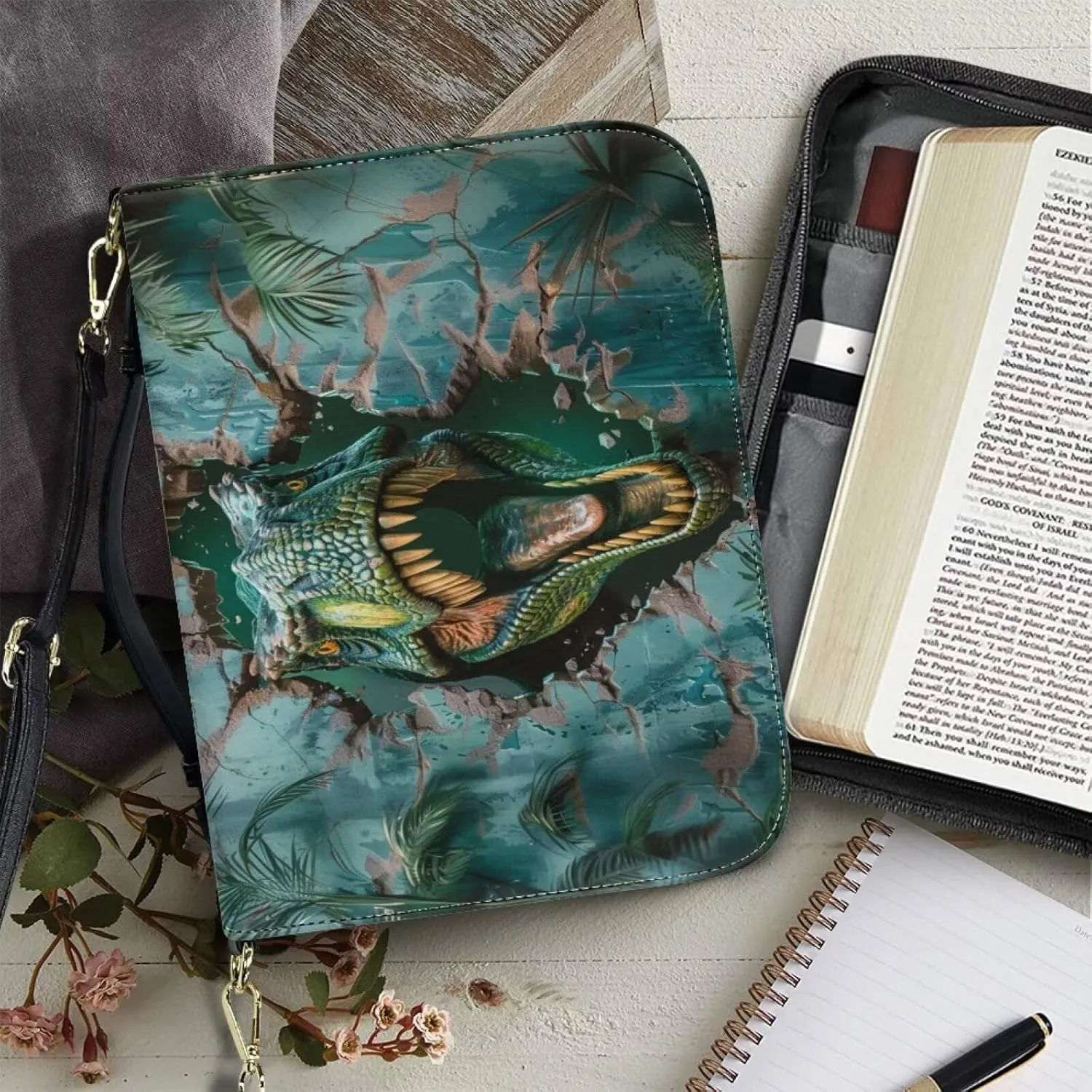 3D Dinosaur Printed Bible Carrying Case for Women, Sturdy Bible Tote Bag with Handle, Lightweight Bible Book Cover with Shoulder Strap, Christian Gifts, Green, M
