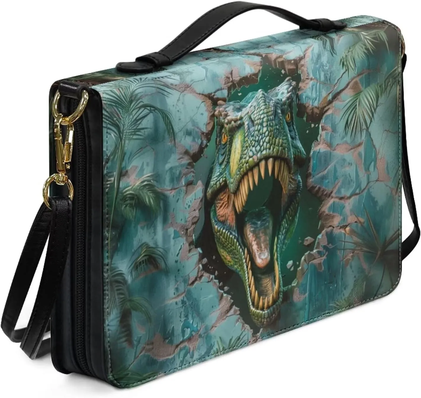 3D Dinosaur Printed Bible Carrying Case for Women, Sturdy Bible Tote Bag with Handle, Lightweight Bible Book Cover with Shoulder Strap, Christian Gifts, Green, M