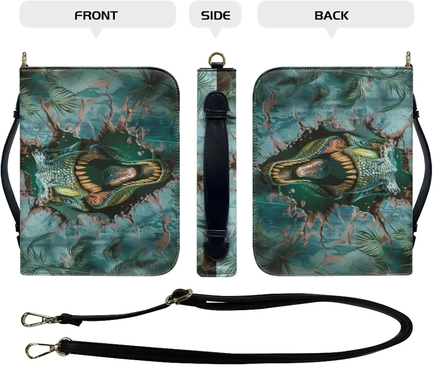 3D Dinosaur Printed Bible Carrying Case for Women, Sturdy Bible Tote Bag with Handle, Lightweight Bible Book Cover with Shoulder Strap, Christian Gifts, Green, M