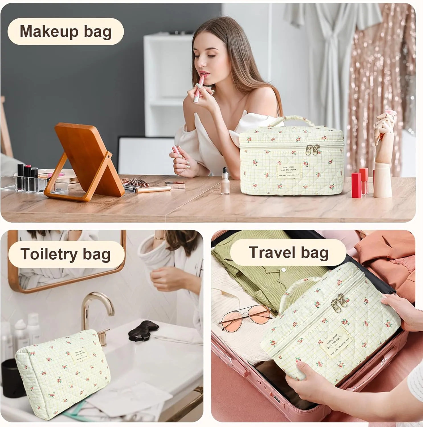3Pcs Cotton Quilted Makeup Bag Large Travel Cosmetic Bag Coquette Makeup Pouch Cute Aesthetic Floral Toiletry Bag for Women Girls