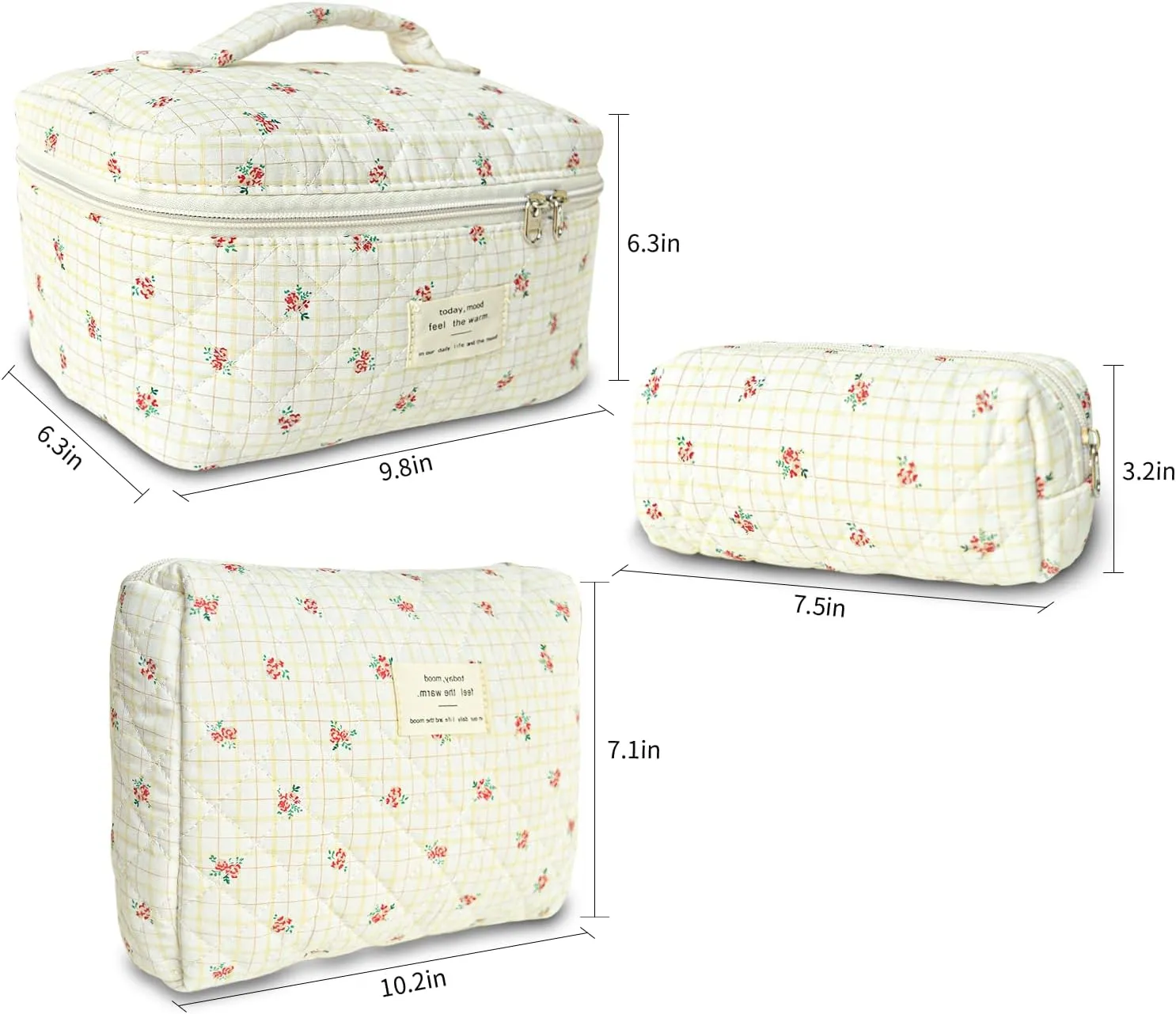 3Pcs Cotton Quilted Makeup Bag Large Travel Cosmetic Bag Coquette Makeup Pouch Cute Aesthetic Floral Toiletry Bag for Women Girls