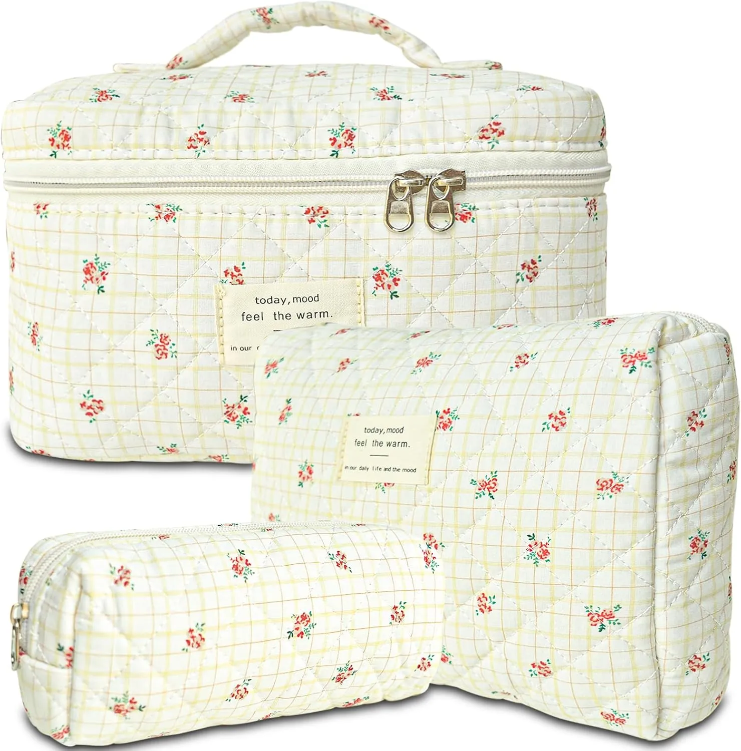3Pcs Cotton Quilted Makeup Bag Large Travel Cosmetic Bag Coquette Makeup Pouch Cute Aesthetic Floral Toiletry Bag for Women Girls