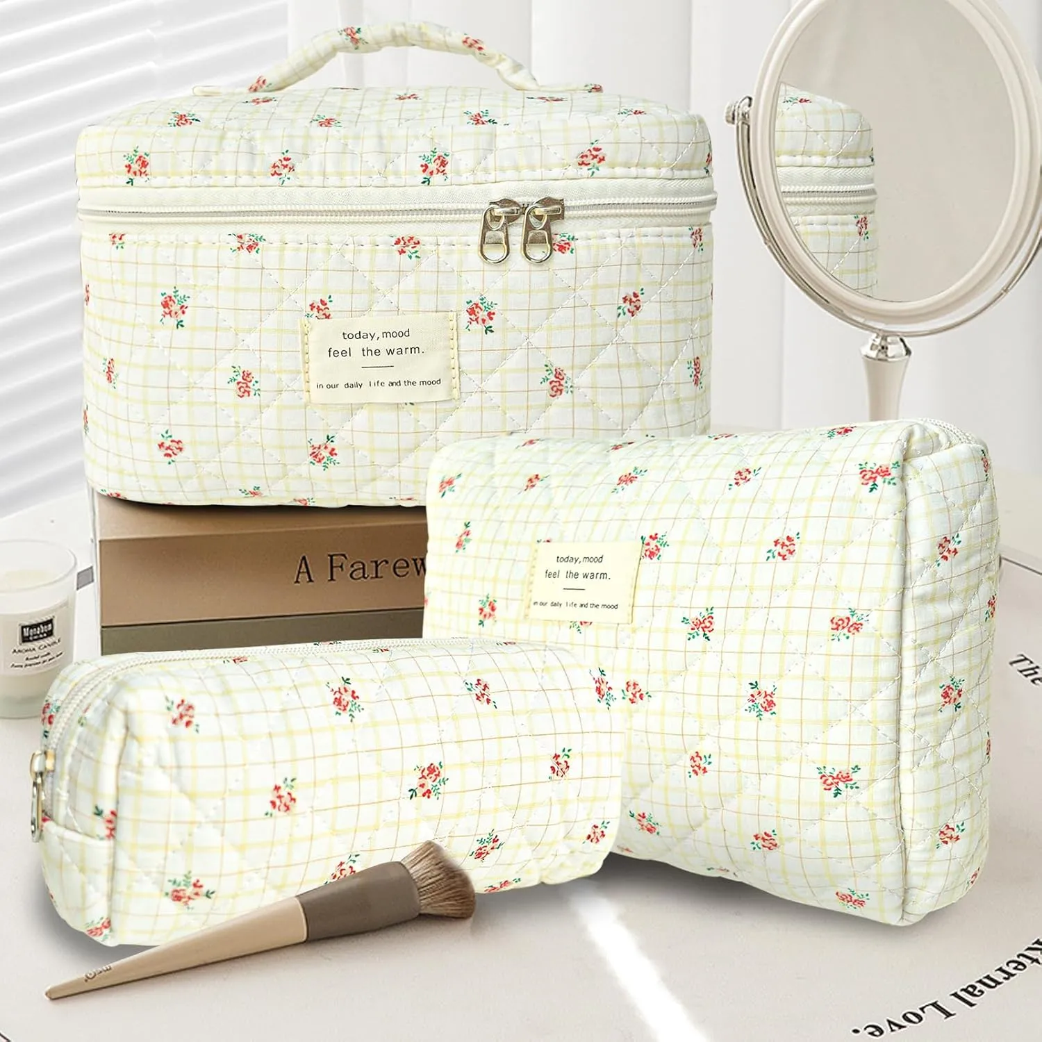 3Pcs Cotton Quilted Makeup Bag Large Travel Cosmetic Bag Coquette Makeup Pouch Cute Aesthetic Floral Toiletry Bag for Women Girls